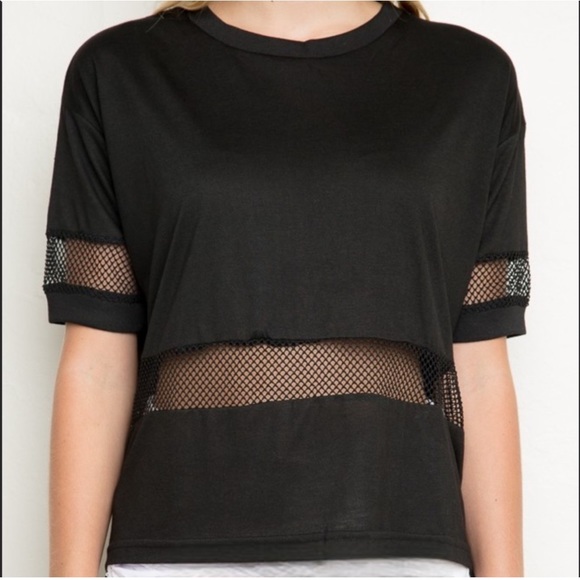 Brandy Melville Manoela Black Boxy Street Style Mesh Cutout Short Sleeve Top - Picture 3 of 11